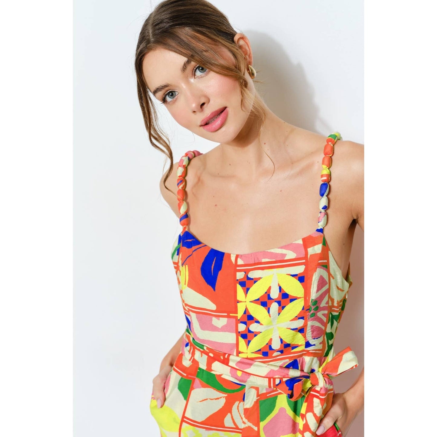 Vibrant Patchwork Wide-Leg Jumpsuit: ORANGE MULTI / S-M-L(2-2-2)