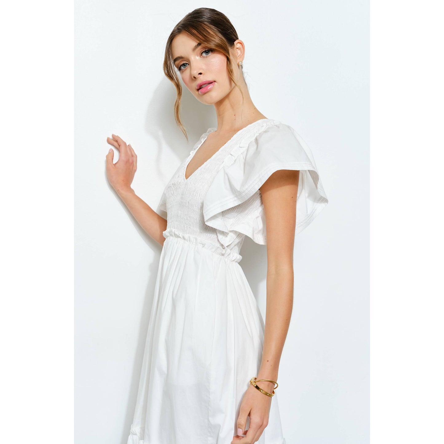 Ruffle Sleeve Smocked Cotton Midi Dress: PURPLE BLUE / S-M-L(2-2-2)