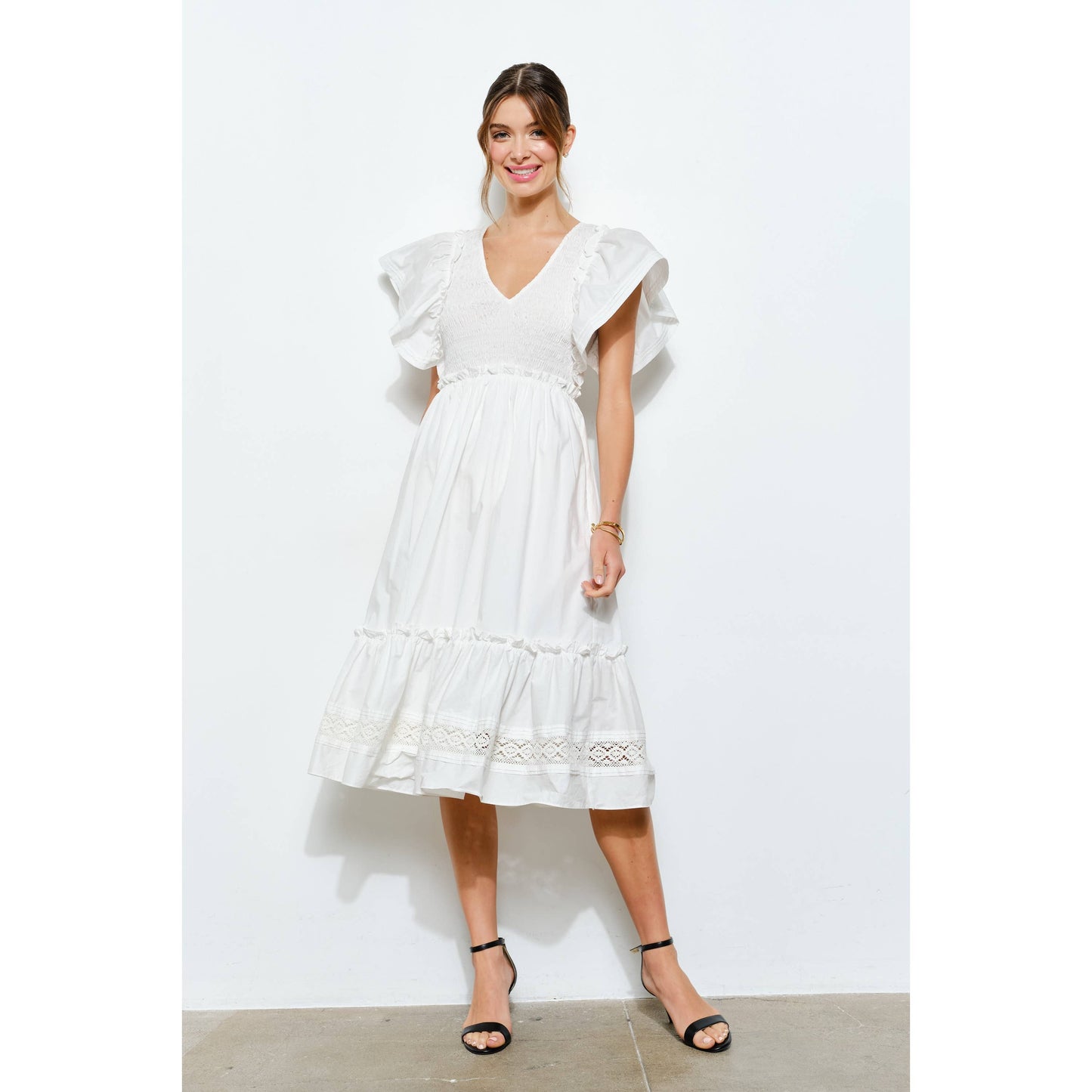 Ruffle Sleeve Smocked Cotton Midi Dress: PURPLE BLUE / S-M-L(2-2-2)