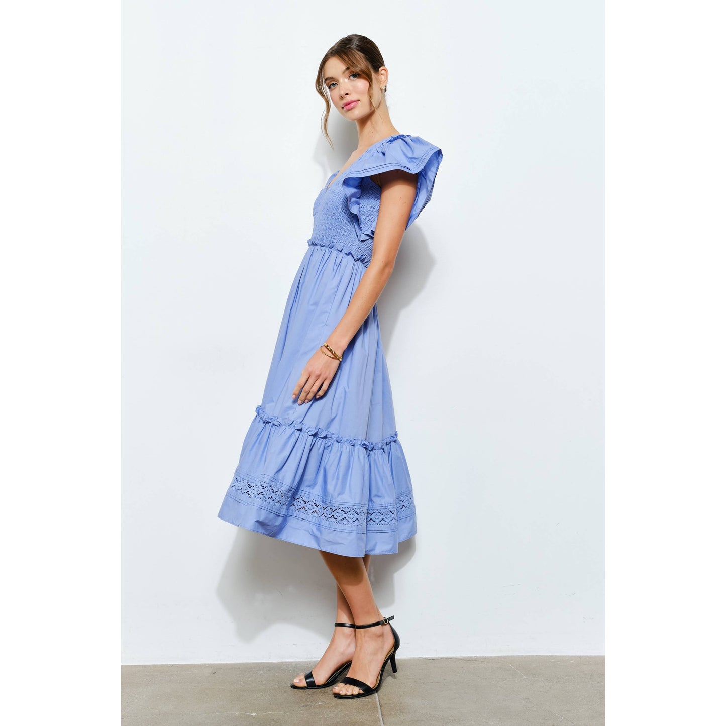 Ruffle Sleeve Smocked Cotton Midi Dress: PURPLE BLUE / S-M-L(2-2-2)