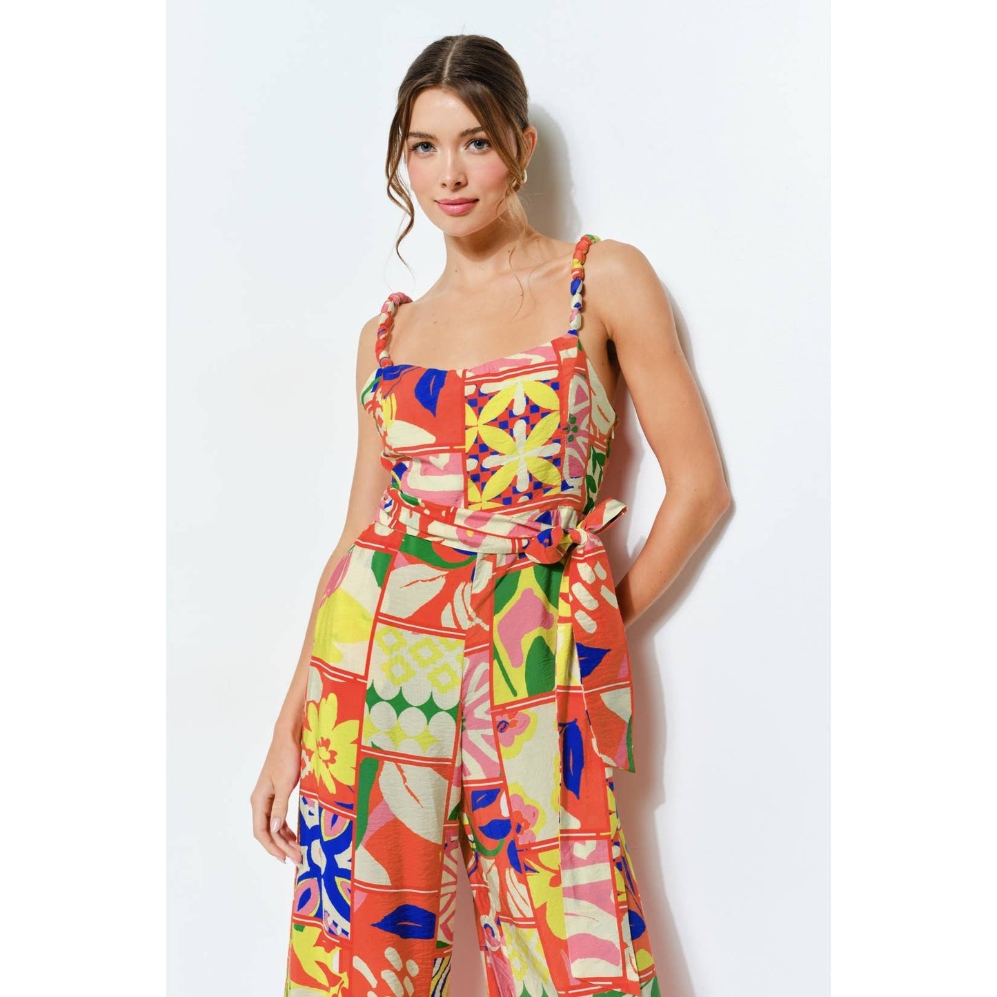 Vibrant Patchwork Wide-Leg Jumpsuit: ORANGE MULTI / S-M-L(2-2-2)
