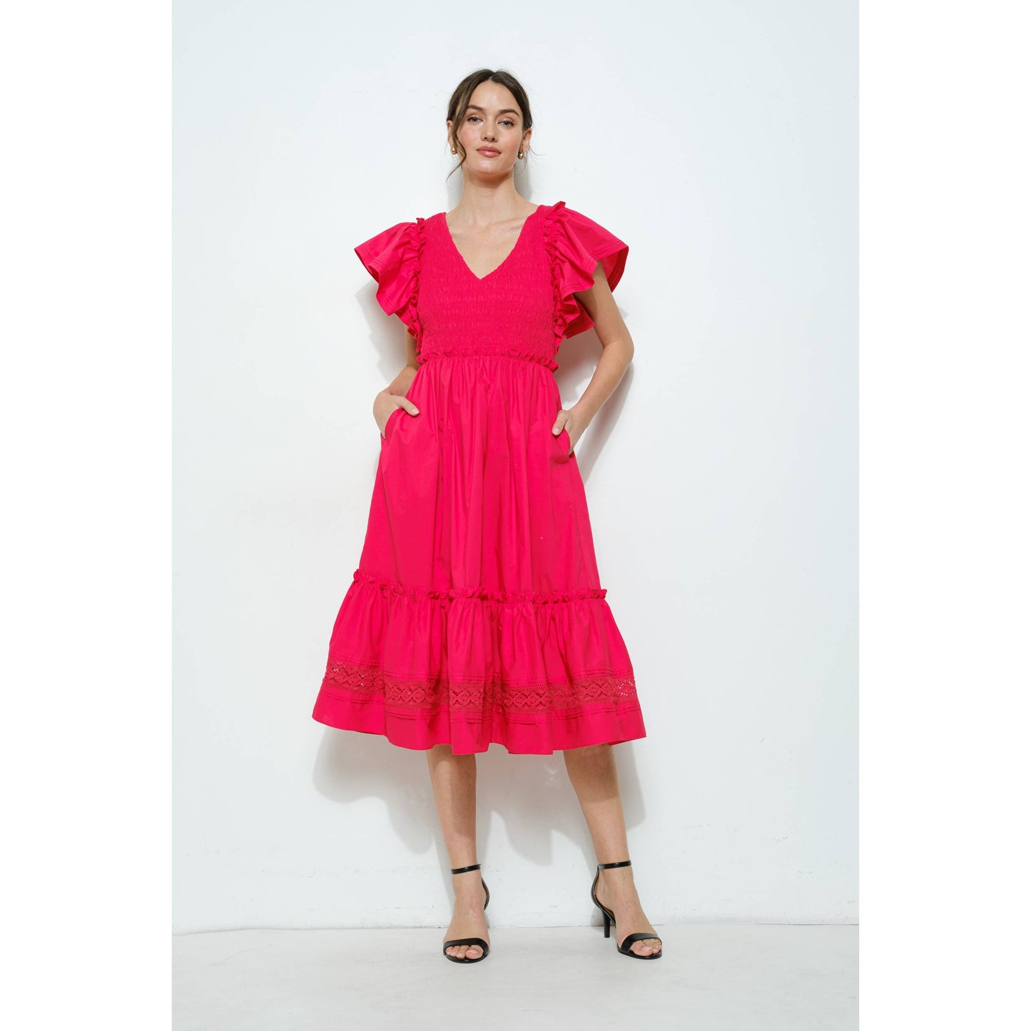 Ruffle Sleeve Smocked Cotton Midi Dress: PURPLE BLUE / S-M-L(2-2-2)