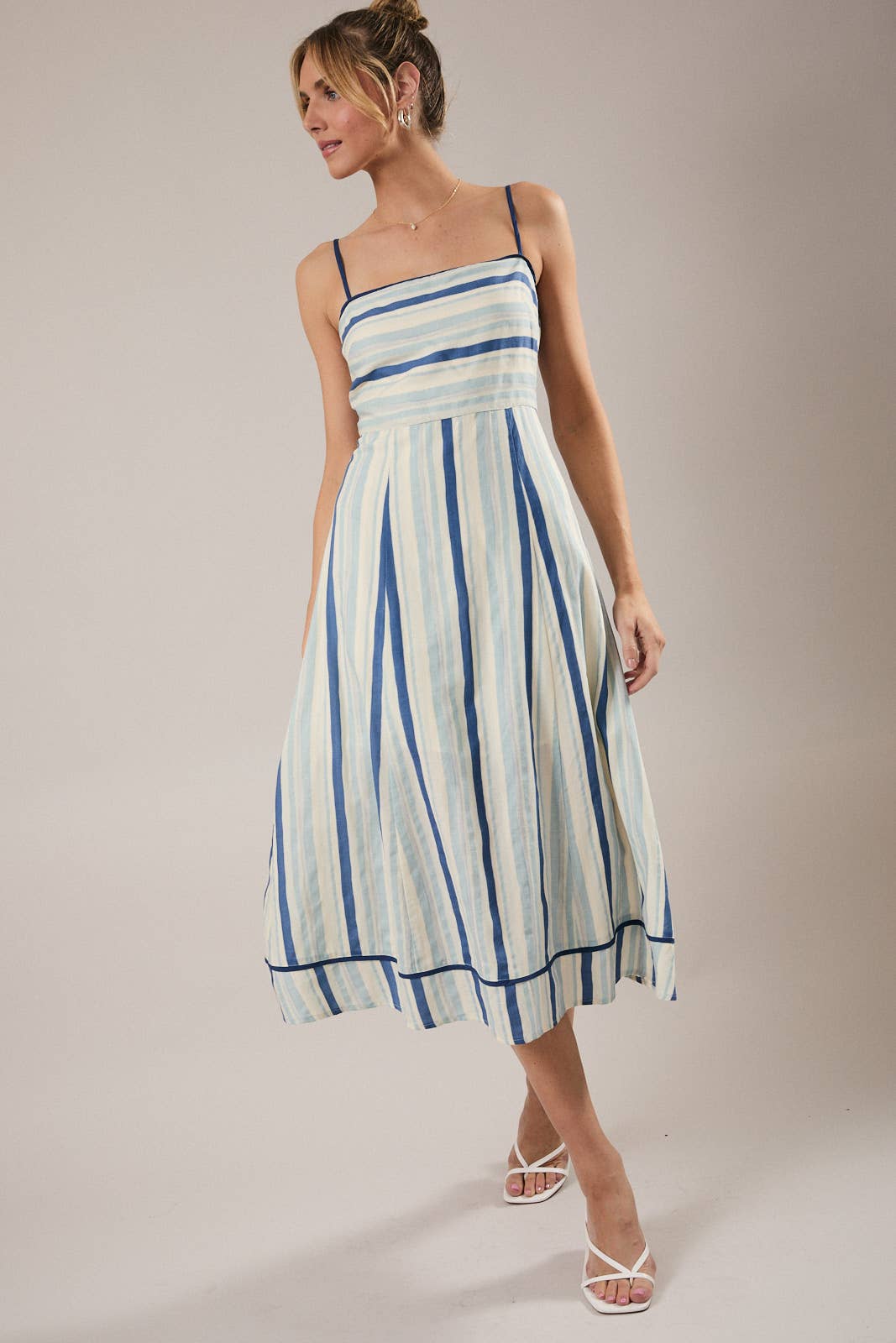 SLEEVELESS STRIPE ALINE MIDI DRESS: CREAM-BLUE STRIPE / L