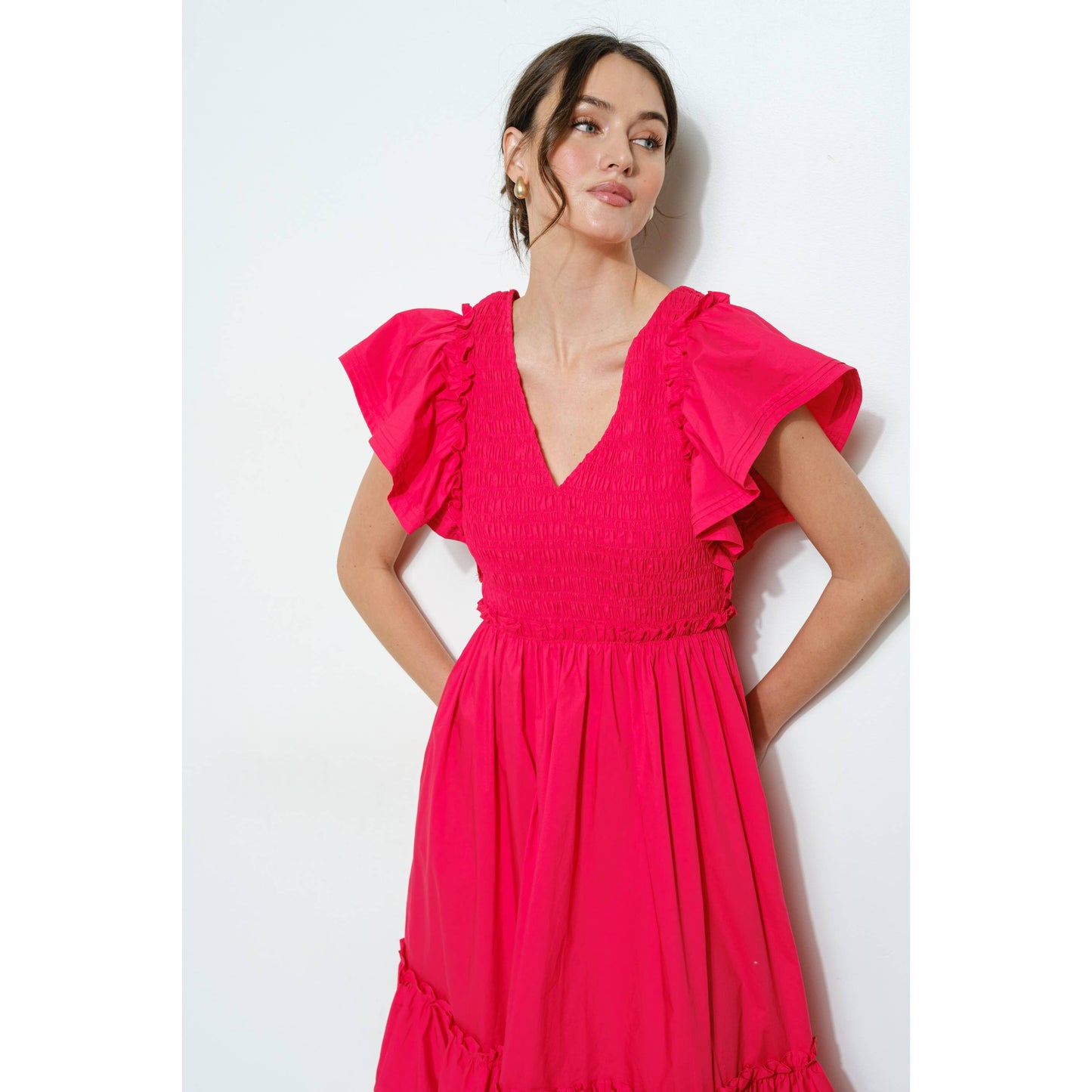 Ruffle Sleeve Smocked Cotton Midi Dress: PURPLE BLUE / S-M-L(2-2-2)