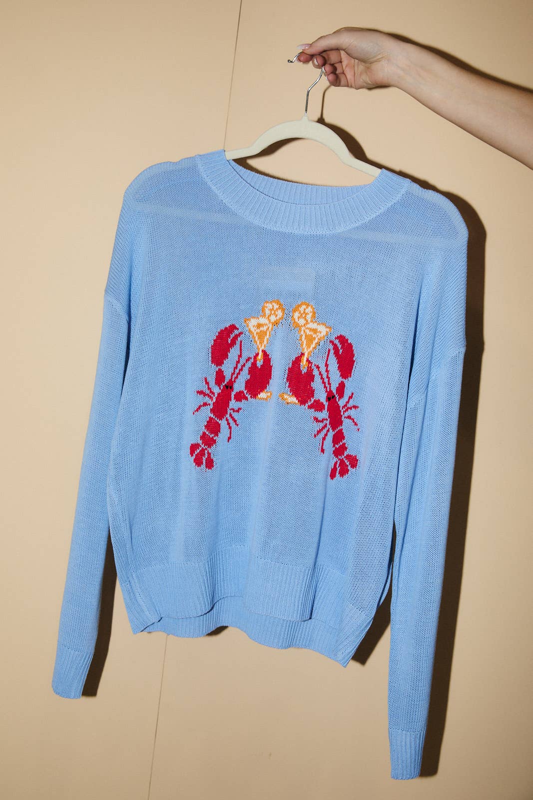ROUND NECK LONG SLEEVE 'LOBSTER' GRAPHIC SWEATER: LT BLUE / M