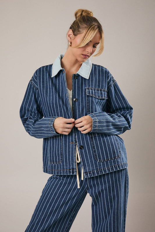 STRIPE DENIM BARN JACKET: DENIM-WHITE STRIPE / M