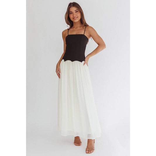 TWO TONED BODICE MAXI DRESS: BLACK/BEIGE