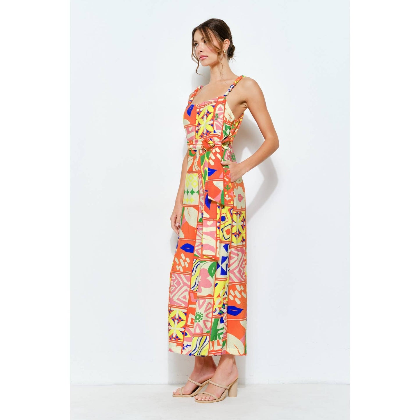 Vibrant Patchwork Wide-Leg Jumpsuit: ORANGE MULTI / S-M-L(2-2-2)