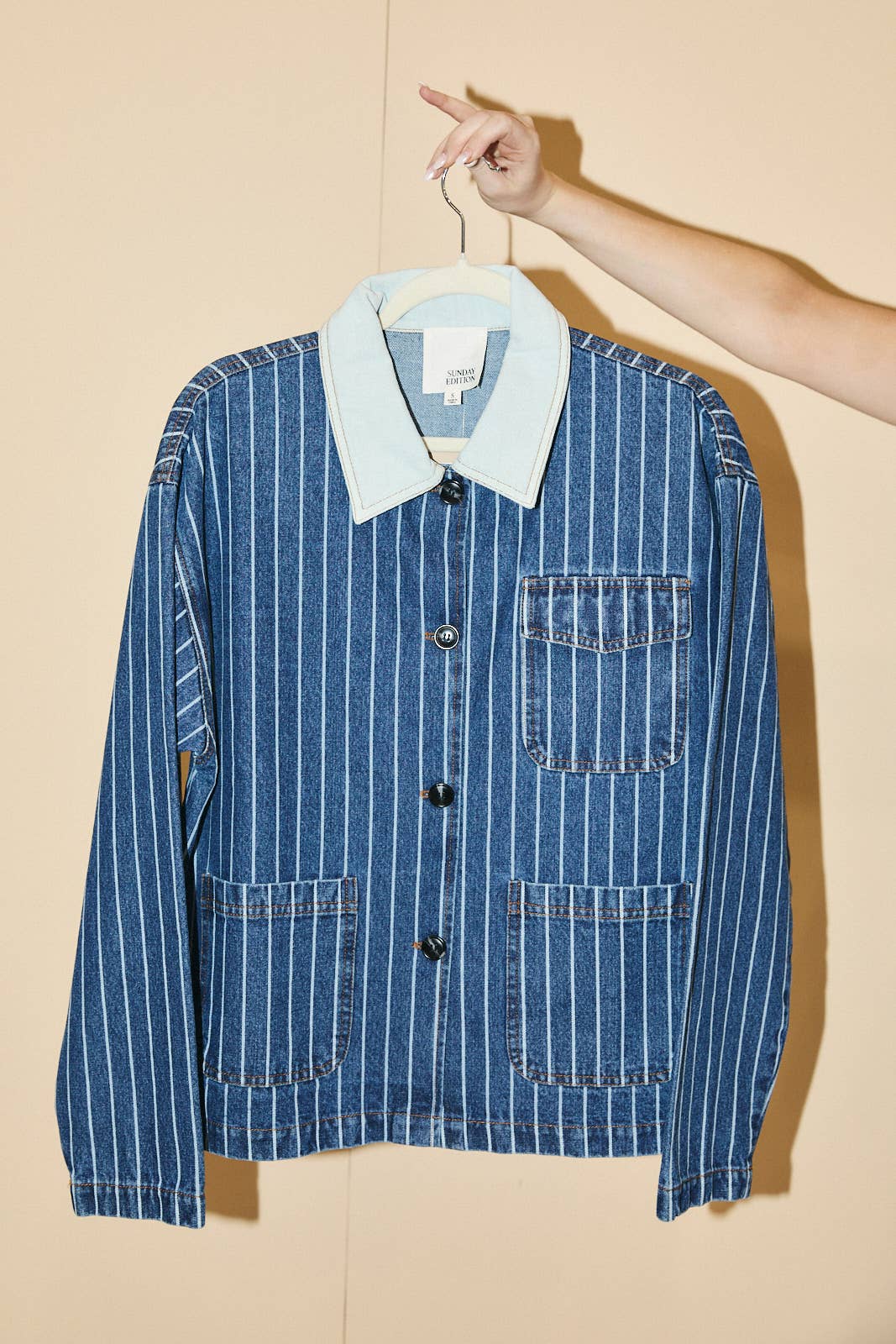 STRIPE DENIM BARN JACKET: DENIM-WHITE STRIPE / M