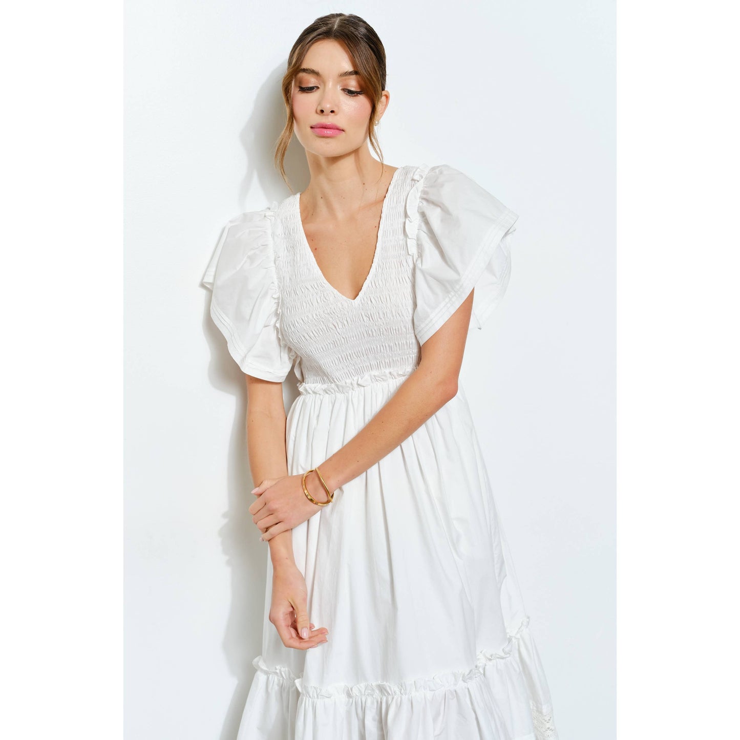 Ruffle Sleeve Smocked Cotton Midi Dress: WHITE / S-M-L