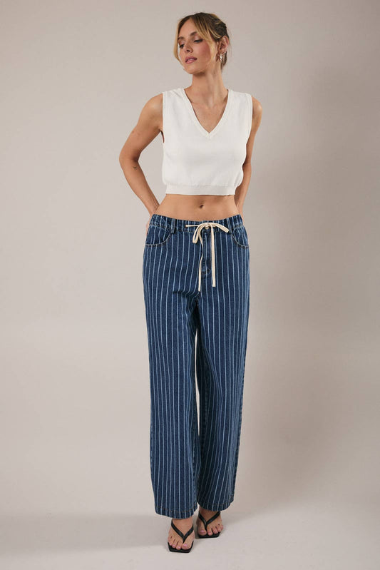FRONT TIE STRIPE STRAIGHT JEANS: DENIM-WHITE STRIPE / L