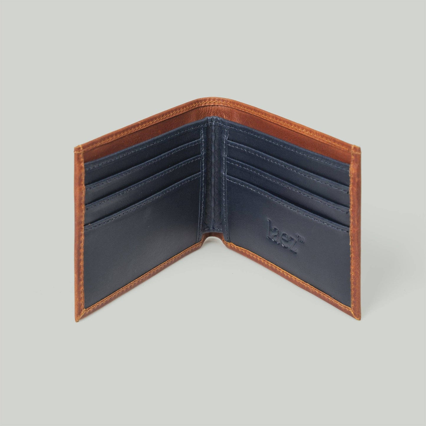 Classic Bifold Leather Wallet: Cognac-Blue