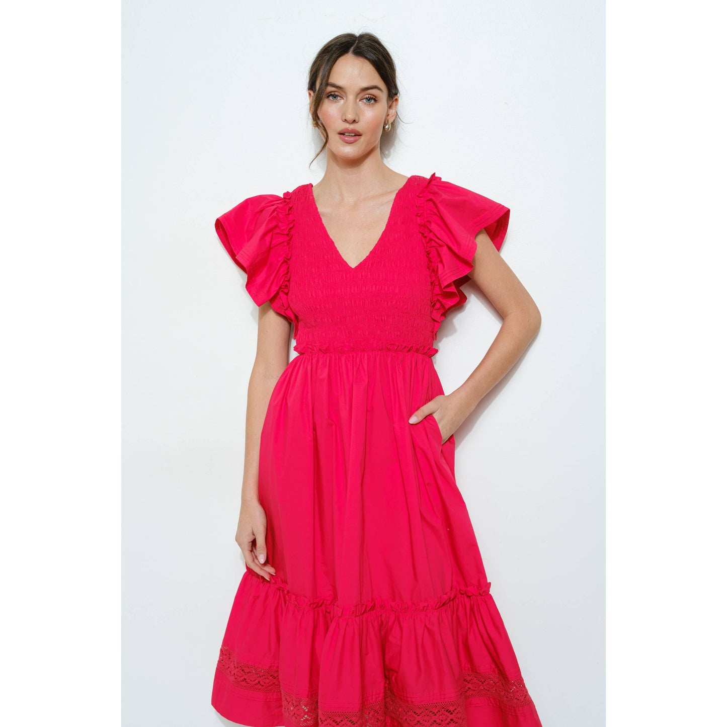 Ruffle Sleeve Smocked Cotton Midi Dress: PURPLE BLUE / S-M-L(2-2-2)