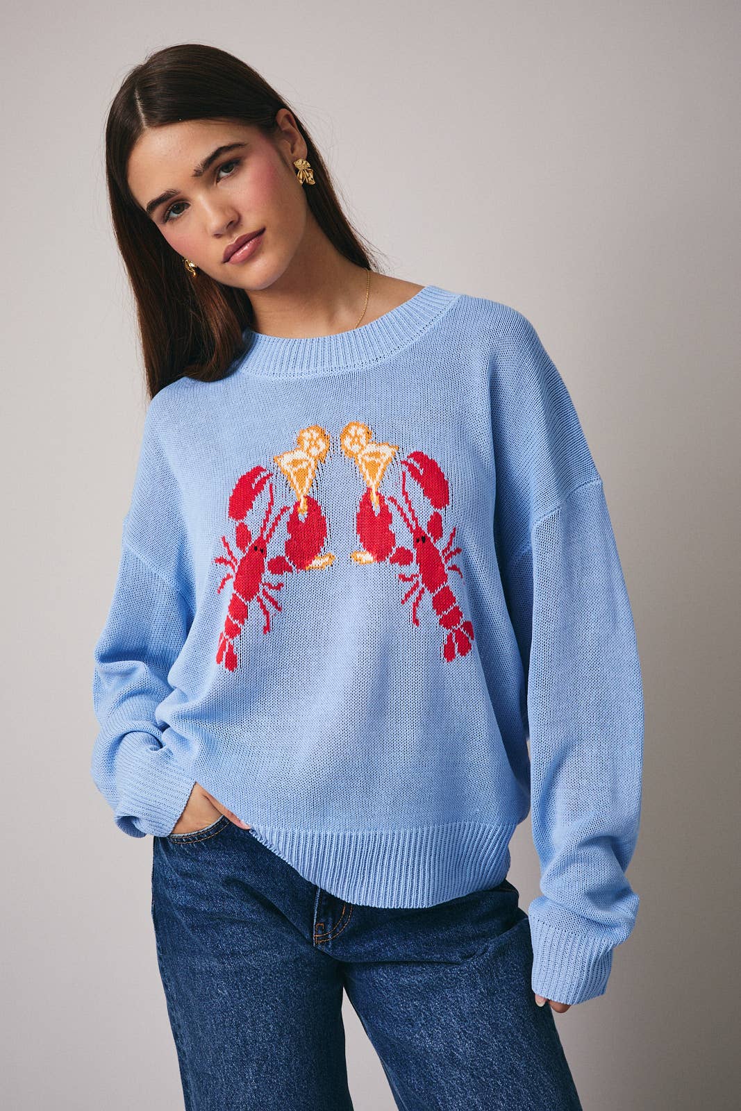 ROUND NECK LONG SLEEVE 'LOBSTER' GRAPHIC SWEATER: LT BLUE / M