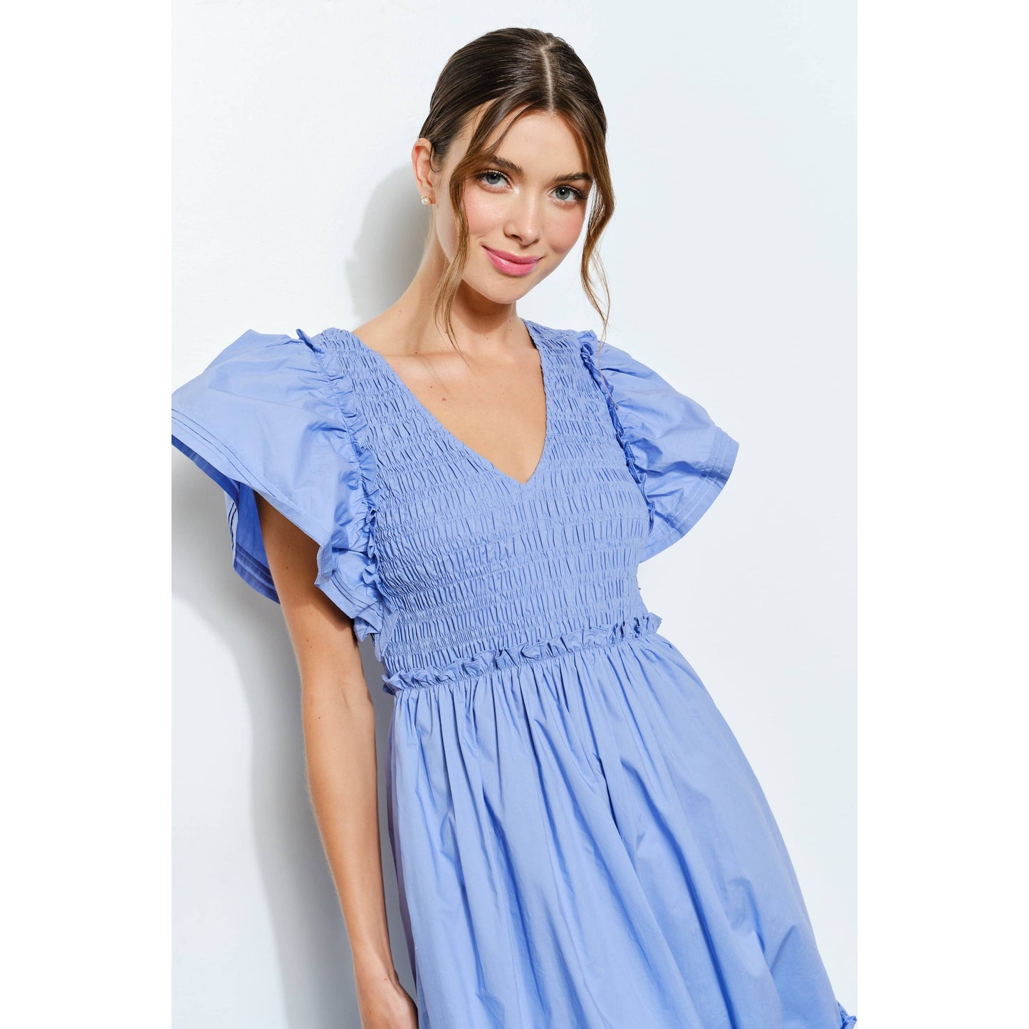 Ruffle Sleeve Smocked Cotton Midi Dress: PURPLE BLUE / S-M-L(2-2-2)