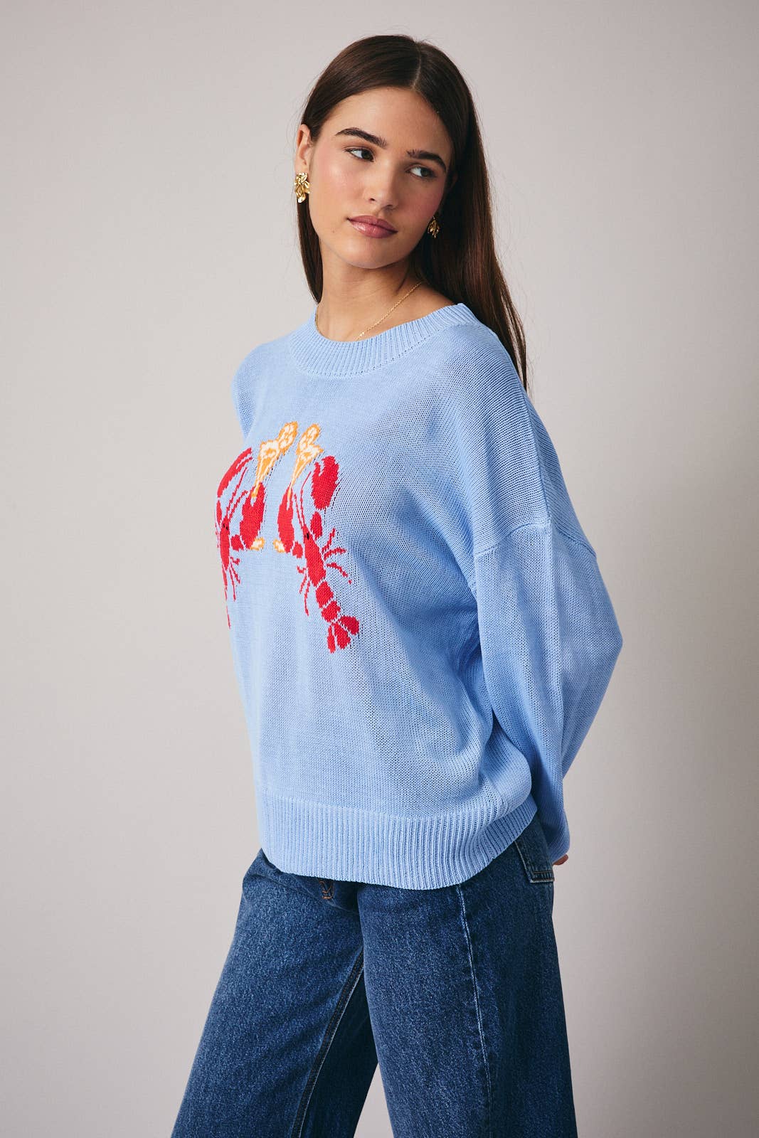 ROUND NECK LONG SLEEVE 'LOBSTER' GRAPHIC SWEATER: LT BLUE / S