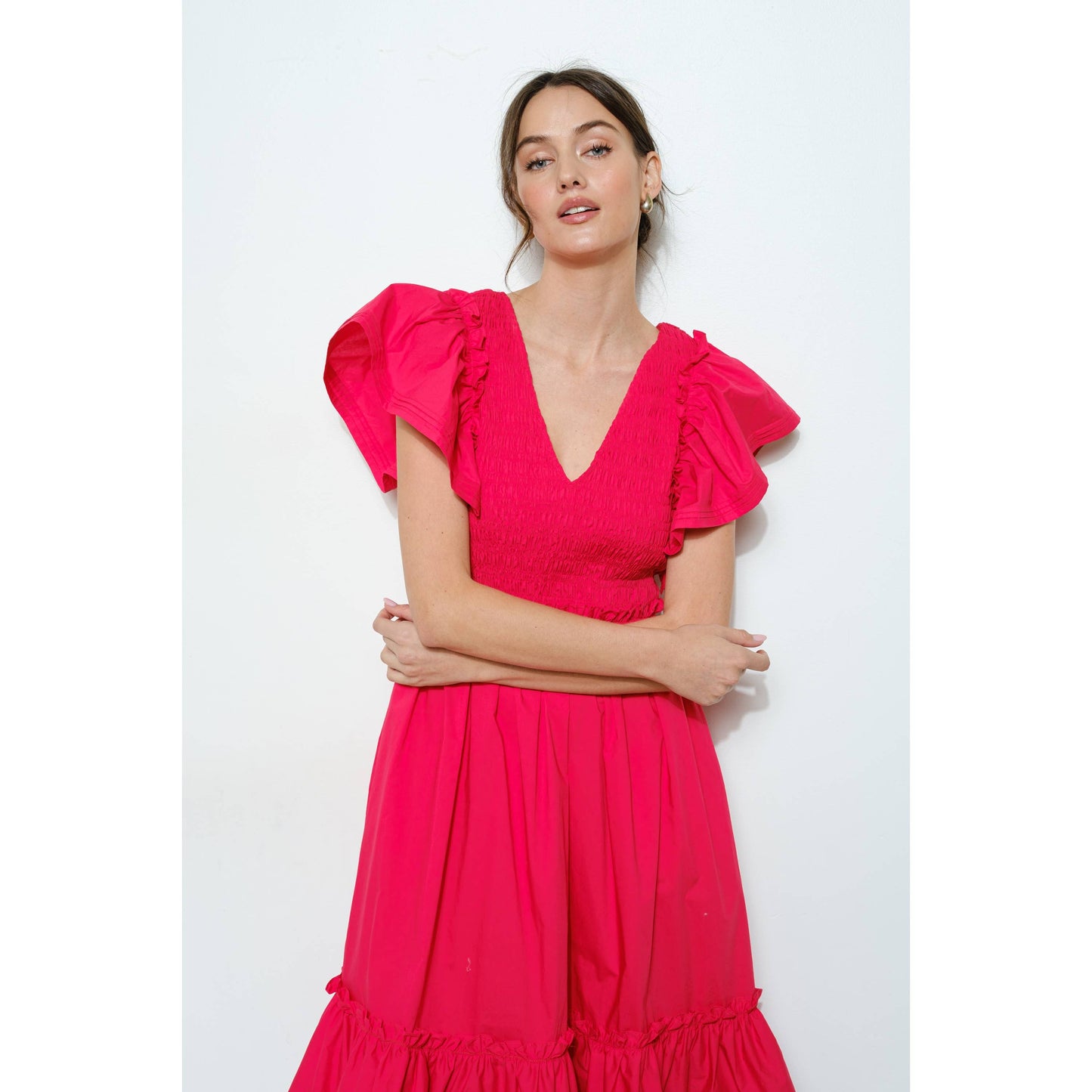 Ruffle Sleeve Smocked Cotton Midi Dress: PURPLE BLUE / S-M-L(2-2-2)