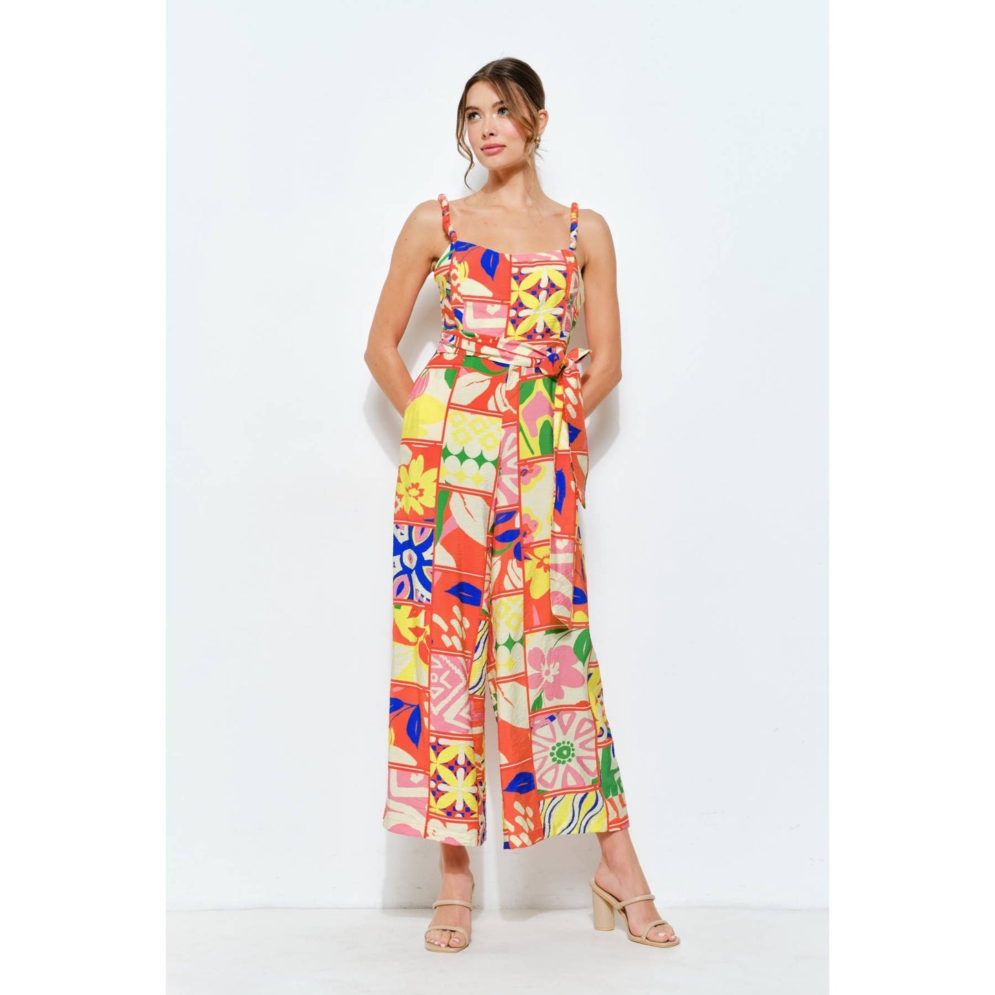 Vibrant Patchwork Wide-Leg Jumpsuit: ORANGE MULTI / S-M-L(2-2-2)