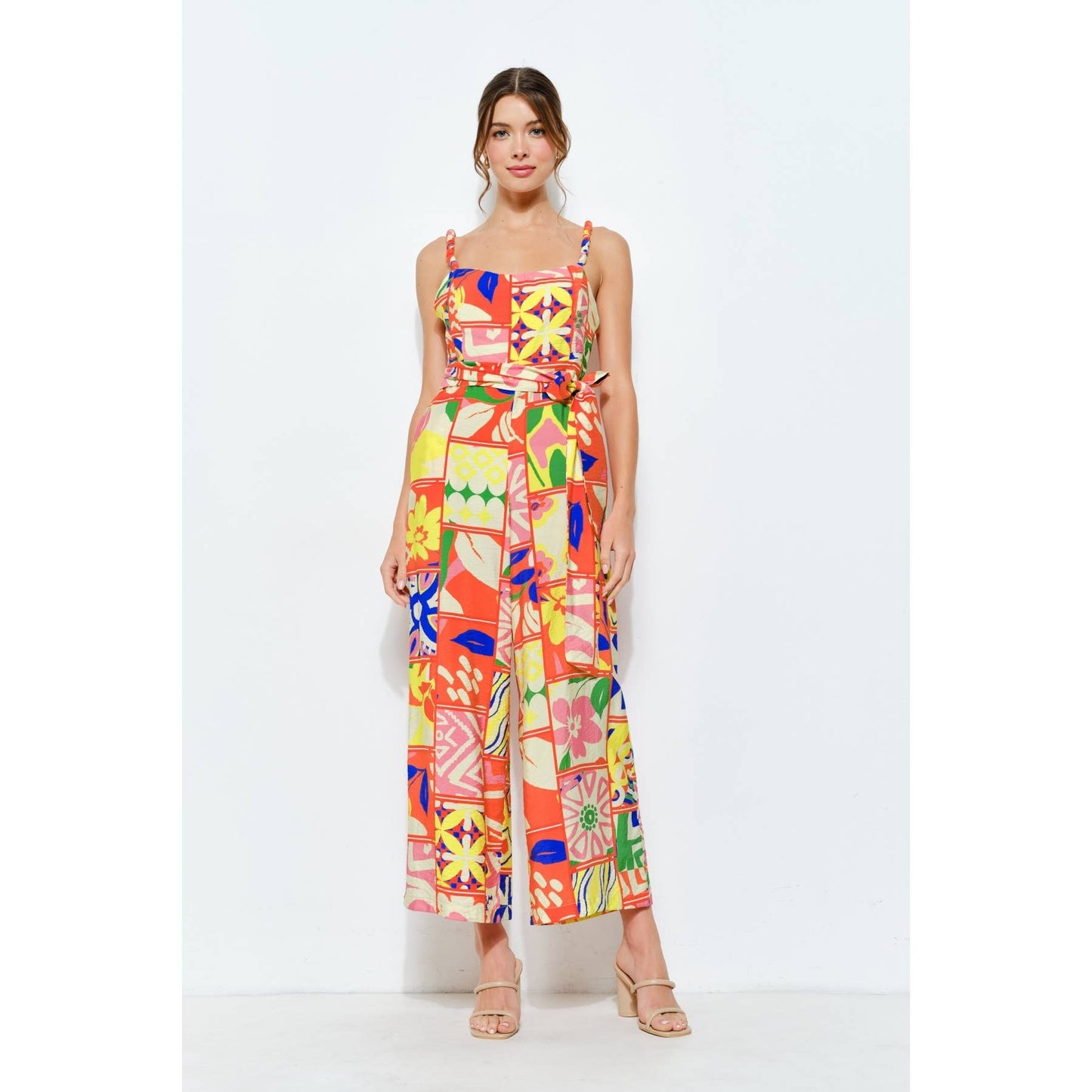 Vibrant Patchwork Wide-Leg Jumpsuit: ORANGE MULTI / S-M-L(2-2-2)