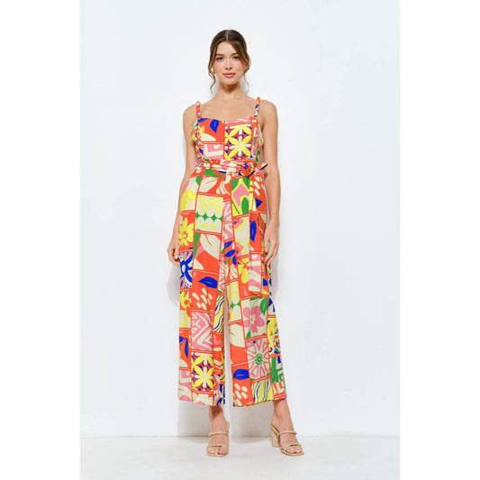Vibrant Patchwork Wide-Leg Jumpsuit: ORANGE MULTI / S-M-L(2-2-2)