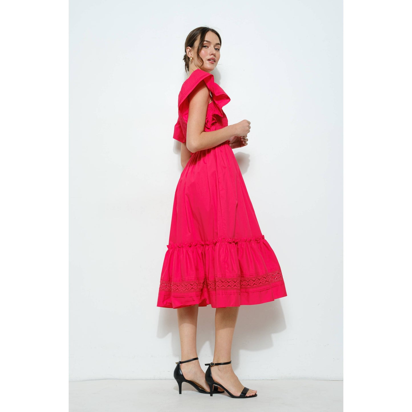 Ruffle Sleeve Smocked Cotton Midi Dress: PURPLE BLUE / S-M-L(2-2-2)