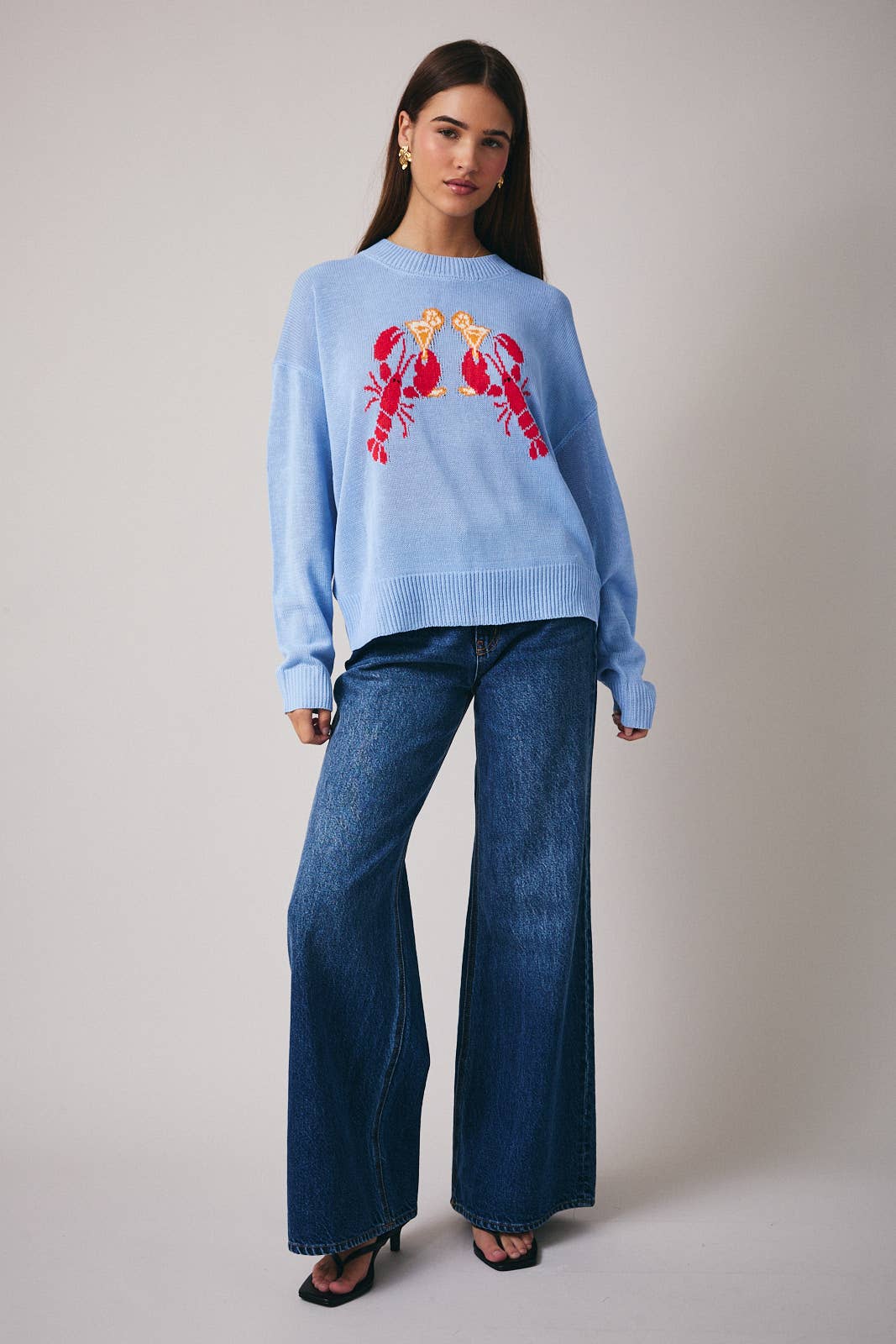ROUND NECK LONG SLEEVE 'LOBSTER' GRAPHIC SWEATER: LT BLUE / M