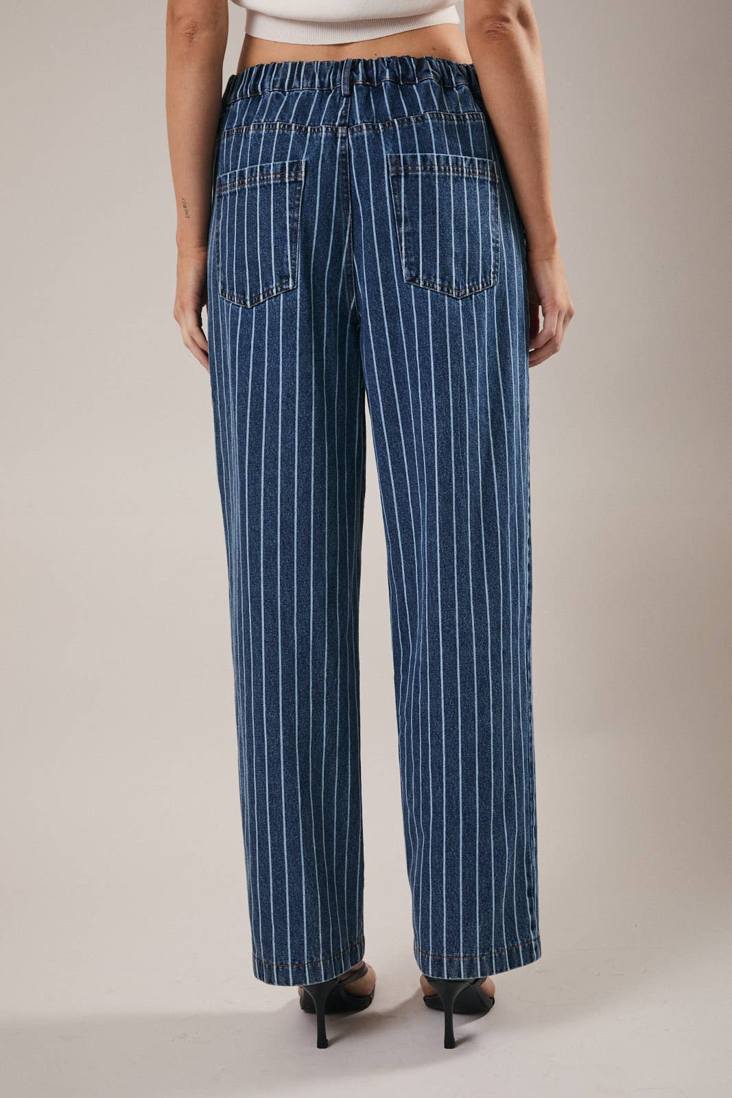 FRONT TIE STRIPE STRAIGHT JEANS: DENIM-WHITE STRIPE / L