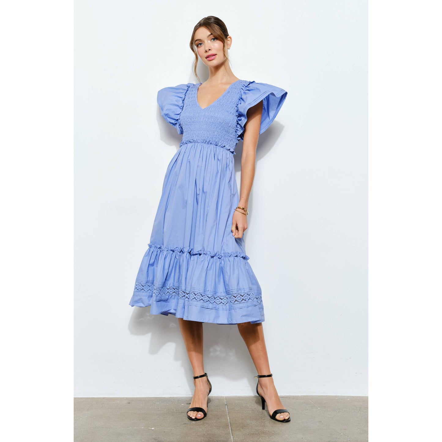 Ruffle Sleeve Smocked Cotton Midi Dress: PURPLE BLUE / S-M-L(2-2-2)