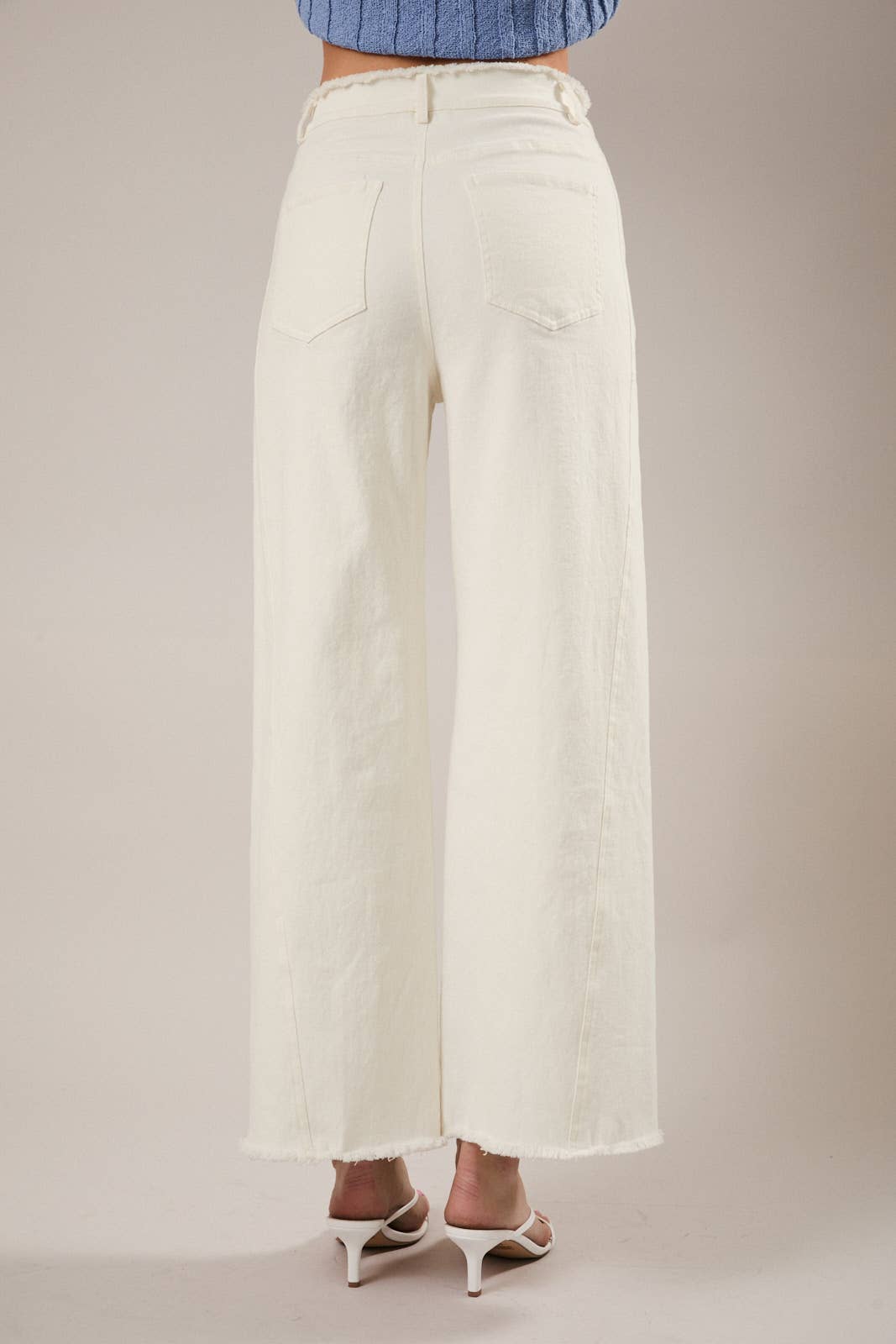 FRAYED WAIST& STRETCH IN WHITE TWILL PANTS: White / M
