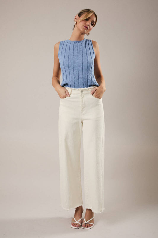 FRAYED WAIST& STRETCH IN WHITE TWILL PANTS: White / L
