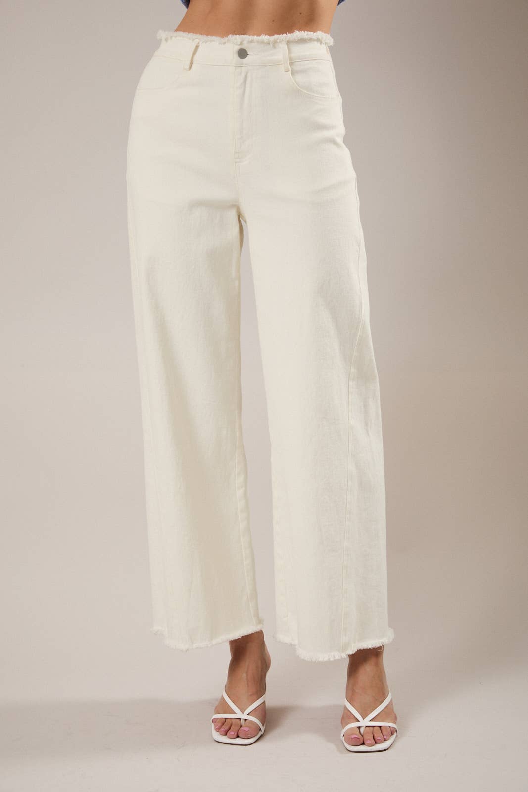 FRAYED WAIST& STRETCH IN WHITE TWILL PANTS: White / M