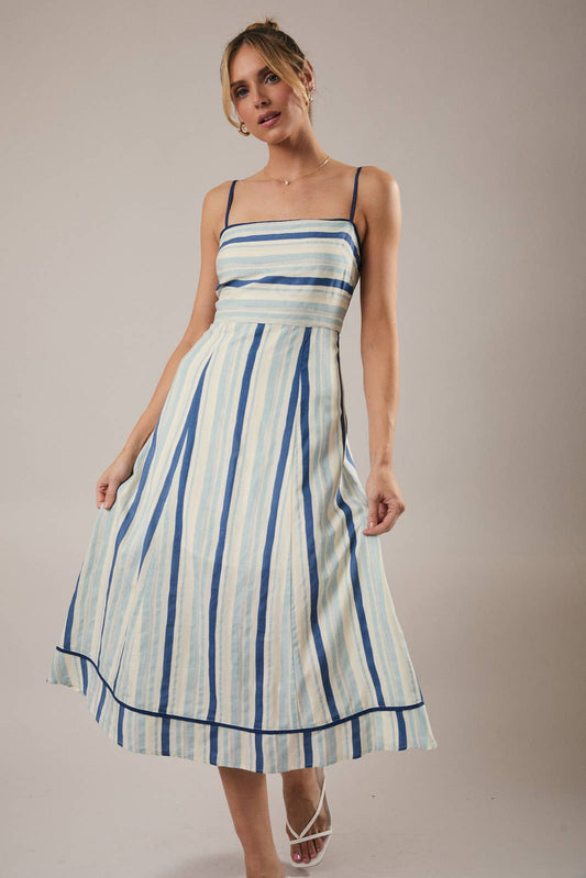 SLEEVELESS STRIPE ALINE MIDI DRESS: CREAM-BLUE STRIPE / L