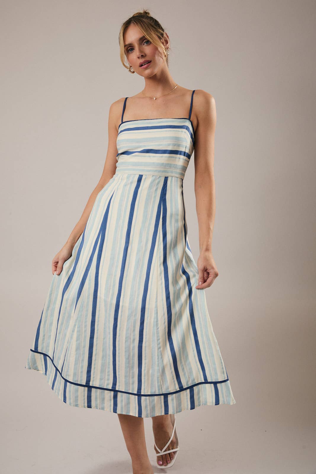 SLEEVELESS STRIPE ALINE MIDI DRESS: CREAM-BLUE STRIPE / M