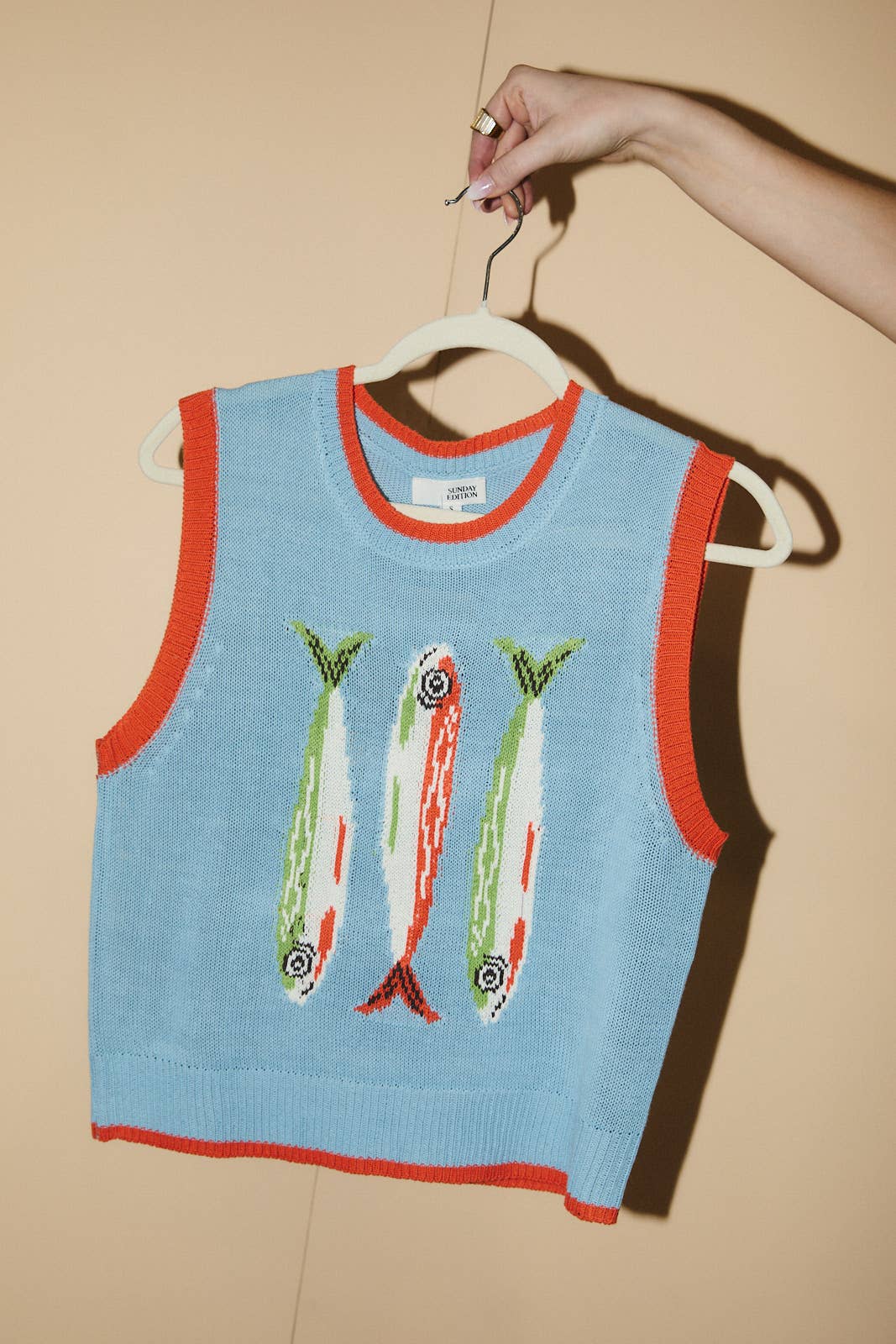 ROUND NECK 'FISH' GRAPHIC SWEATER VEST: LT BLUE / L