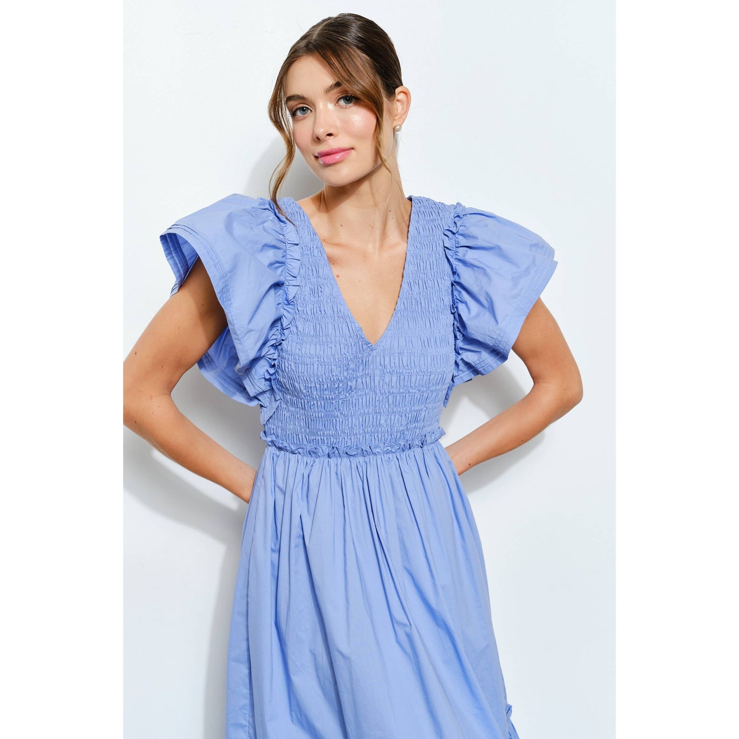 Ruffle Sleeve Smocked Cotton Midi Dress: PURPLE BLUE / S-M-L(2-2-2)