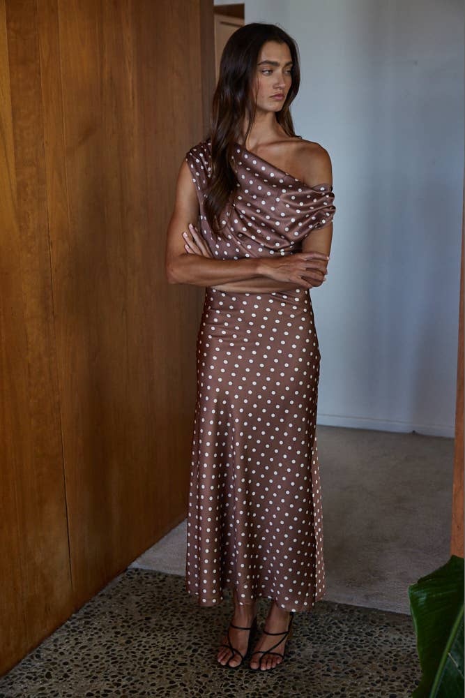 L9110 | Woven Polyester Satin Polka Dot Cowl Neck Maxi Dress: Chocolate / L