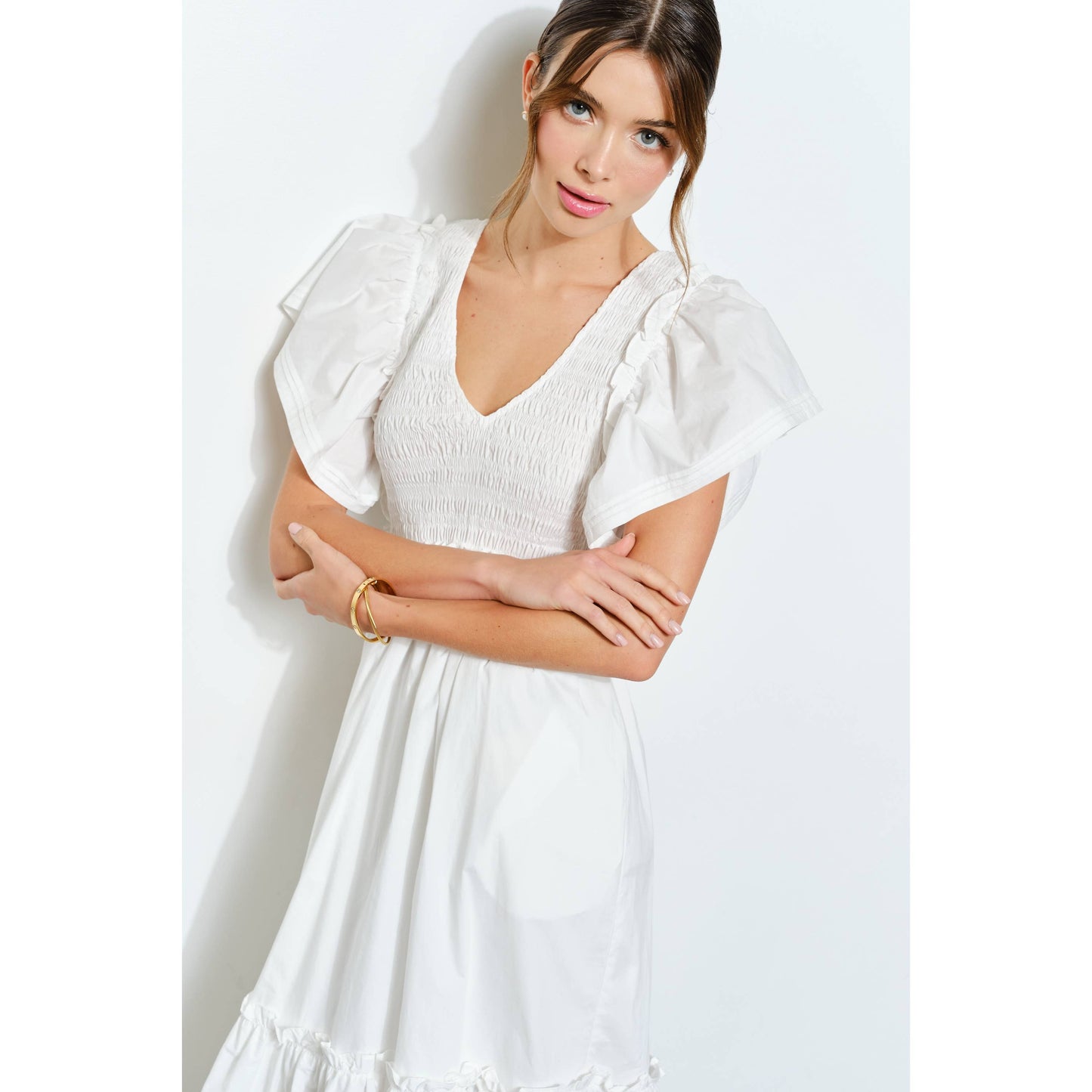 Ruffle Sleeve Smocked Cotton Midi Dress: PURPLE BLUE / S-M-L(2-2-2)