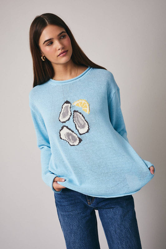 ROUND NECK LONG SLEEVE 'OYSTER' GRAPHIC SWEATER: LT BLUE / L