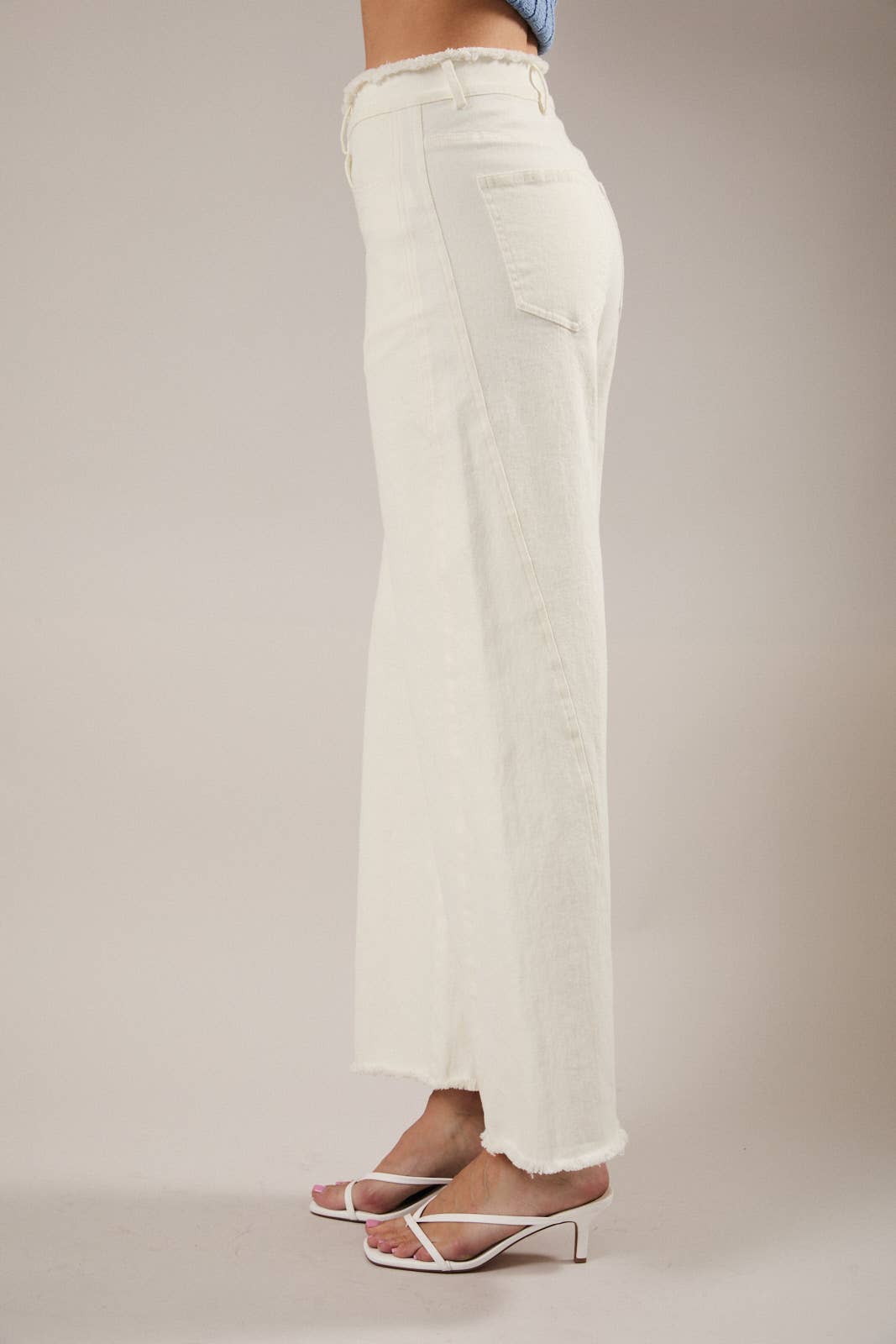 FRAYED WAIST& STRETCH IN WHITE TWILL PANTS: White / M