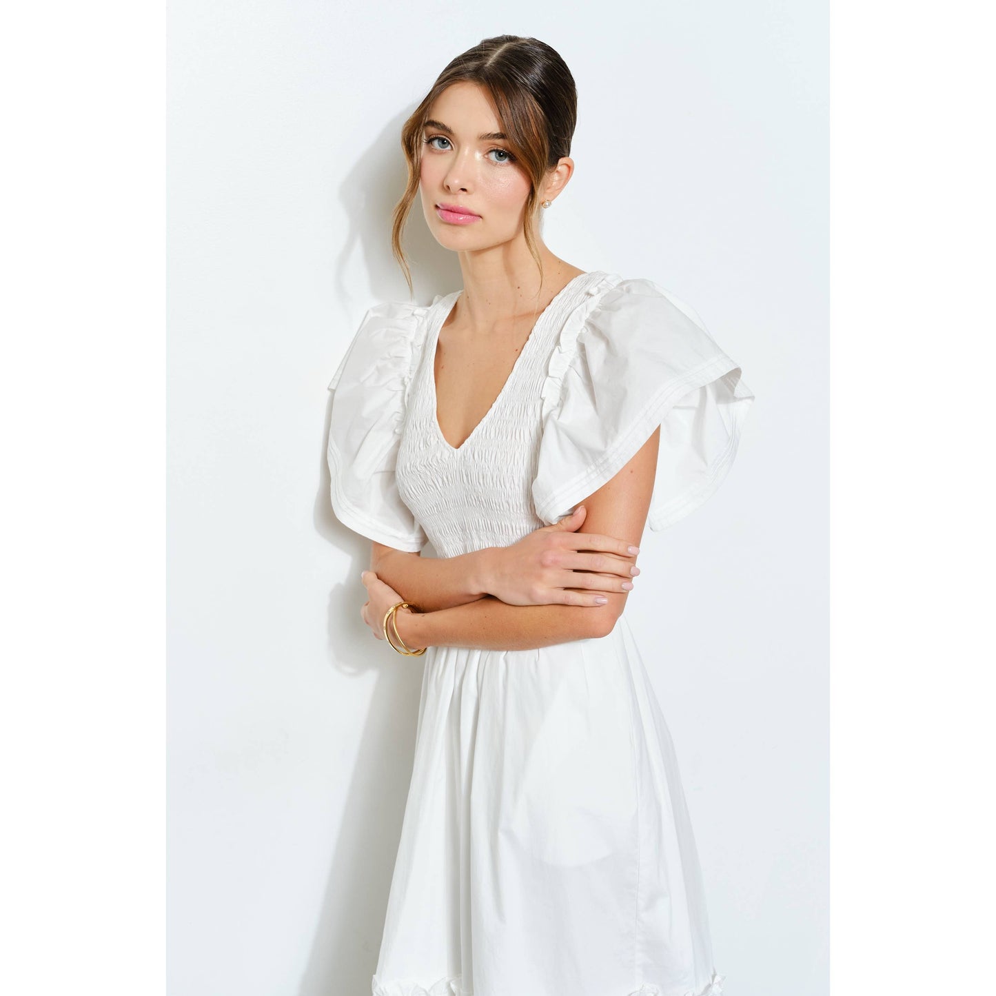 Ruffle Sleeve Smocked Cotton Midi Dress: PURPLE BLUE / S-M-L(2-2-2)