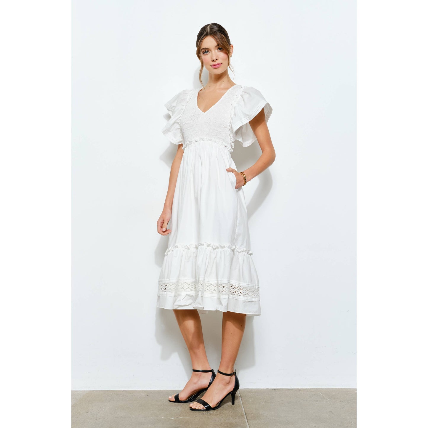 Ruffle Sleeve Smocked Cotton Midi Dress: PURPLE BLUE / S-M-L(2-2-2)