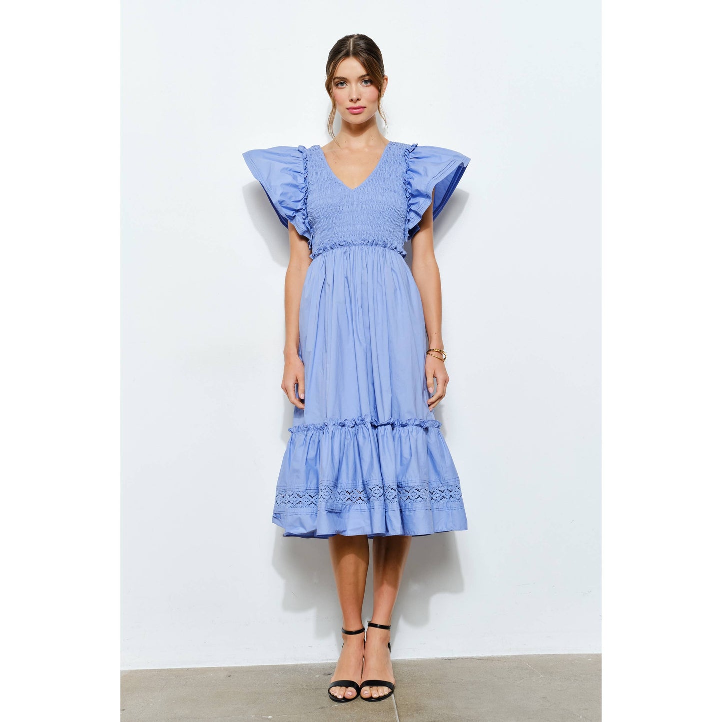 Ruffle Sleeve Smocked Cotton Midi Dress: PURPLE BLUE / S-M-L(2-2-2)