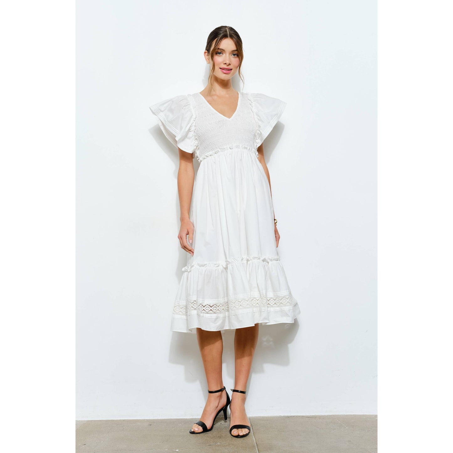 Ruffle Sleeve Smocked Cotton Midi Dress: PURPLE BLUE / S-M-L(2-2-2)