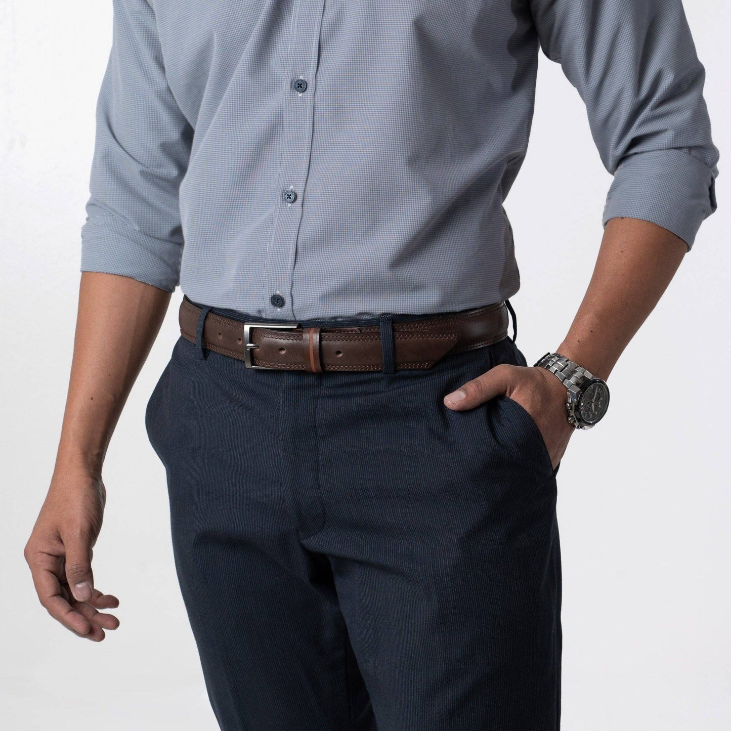 Bold Lined Leather Brown Belt: L