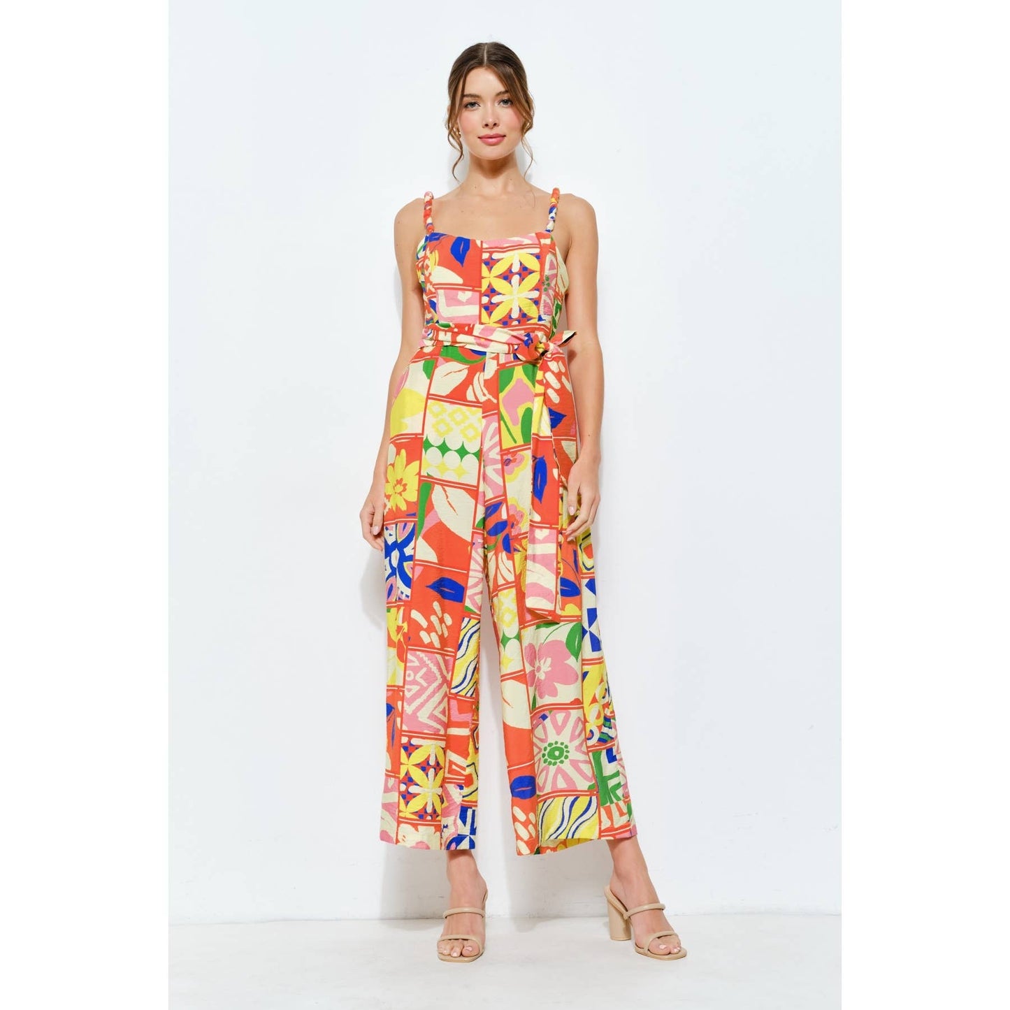 Vibrant Patchwork Wide-Leg Jumpsuit: ORANGE MULTI / S-M-L(2-2-2)