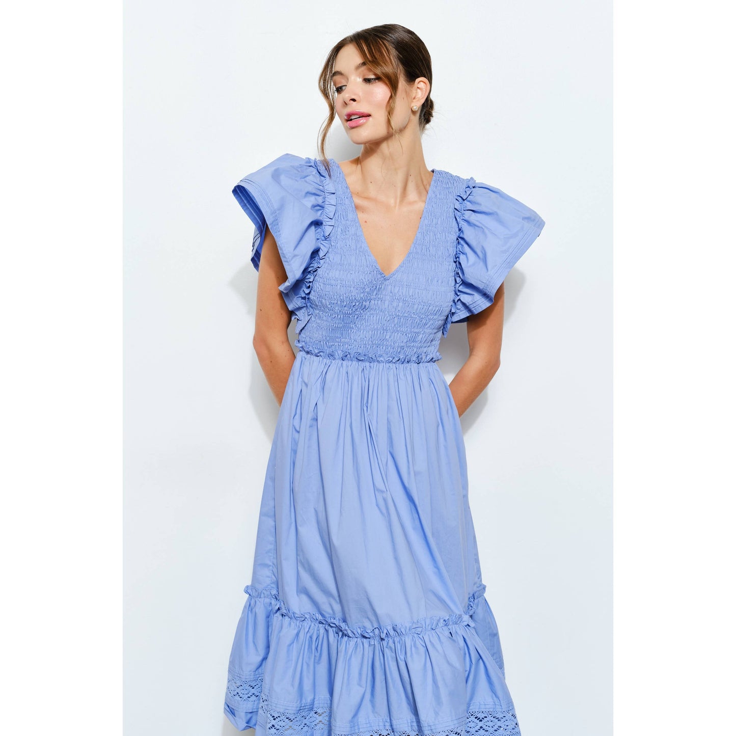 Ruffle Sleeve Smocked Cotton Midi Dress: PURPLE BLUE / S-M-L(2-2-2)