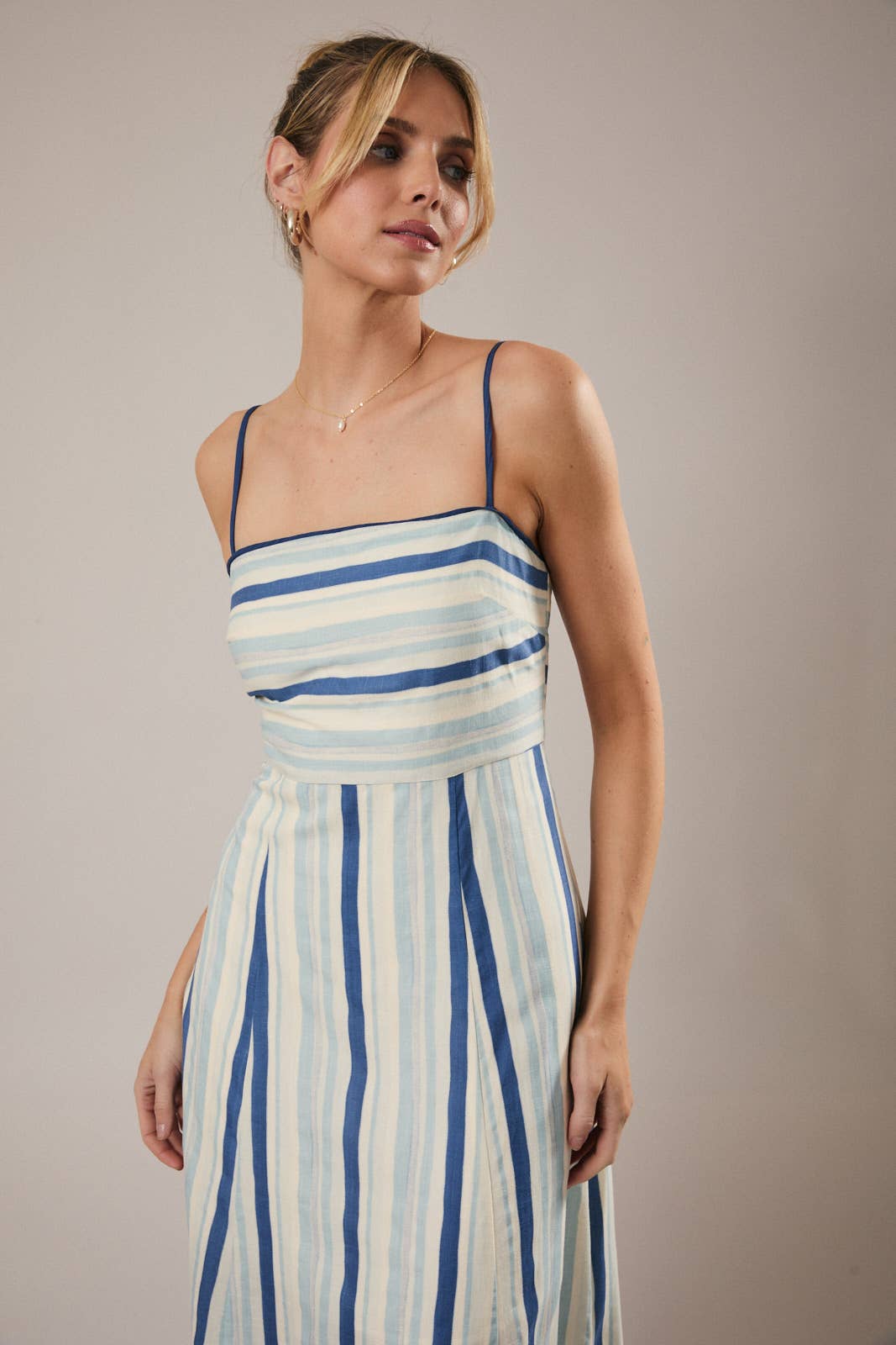 SLEEVELESS STRIPE ALINE MIDI DRESS: CREAM-BLUE STRIPE / S