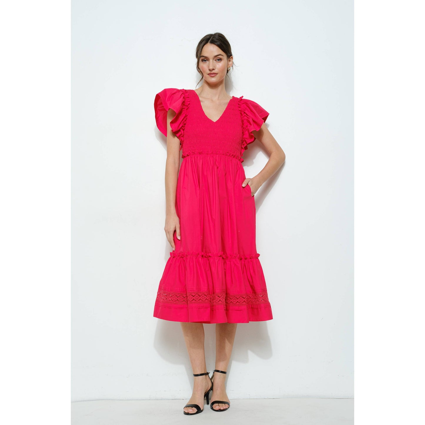 Ruffle Sleeve Smocked Cotton Midi Dress: PURPLE BLUE / S-M-L(2-2-2)